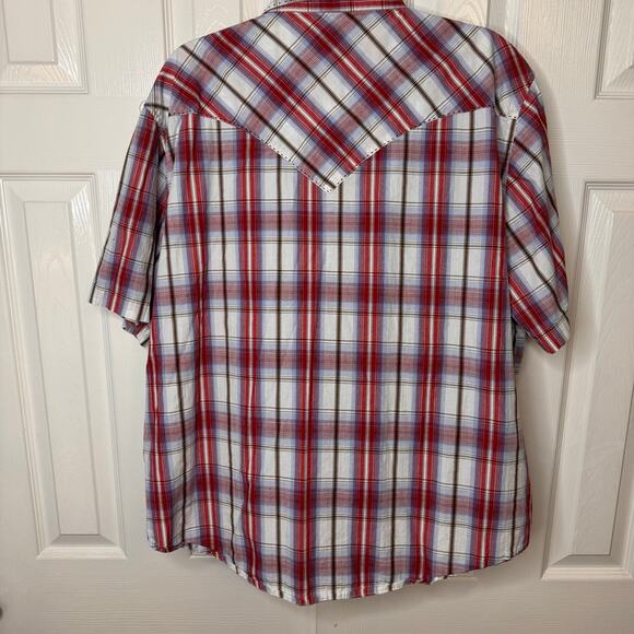 Wrangler Sz XL-short sleeve-pearl snap-button up-red.brown.blue - Picture 2 of 5